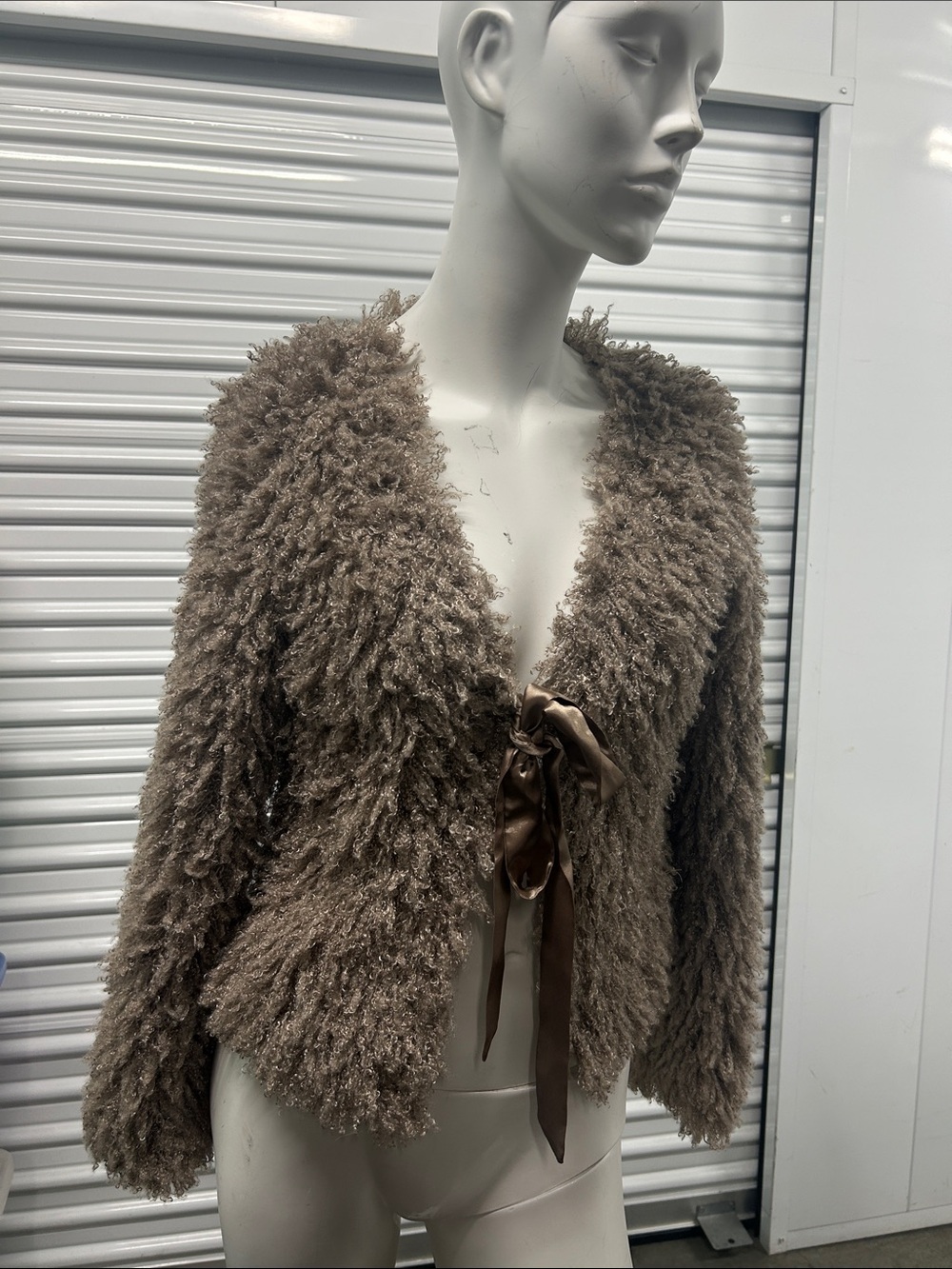 Max Studio Taupe Faux-Shearling Tie-Front Teddy Jacket